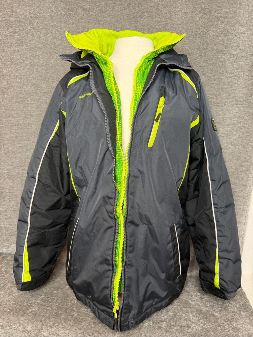 Weatherproof Kids Puffers Jacket in Charcoal with Neon Lime Accents